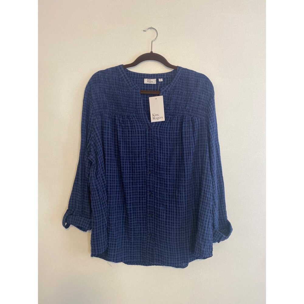 NWT Kim Rogers Women’s Navy Blue Plaid Blouse W/ Roll-Tab Sleeves Size XXL